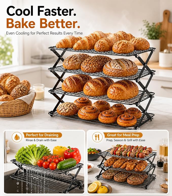 Cooling Racks For Cooking And Baking, 2/3/4-Tier Collapsible Cookie Cooling Rack With Adjustable 3 Setting Design Stackable Roasting Cooking Drying Wire Cooling Rack For Cookies Bread Baking