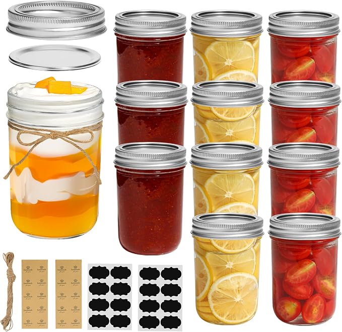 ComSaf 8 oz Mason Jars Bulk Set, 12 Pack Small Regular Mouth Jars with Lids | BPA-Free Materials, Half-Pint Portions, Small Jam, Jelly, Honey Sample, Spice Rack, DIY Candles, For Big Canning Project