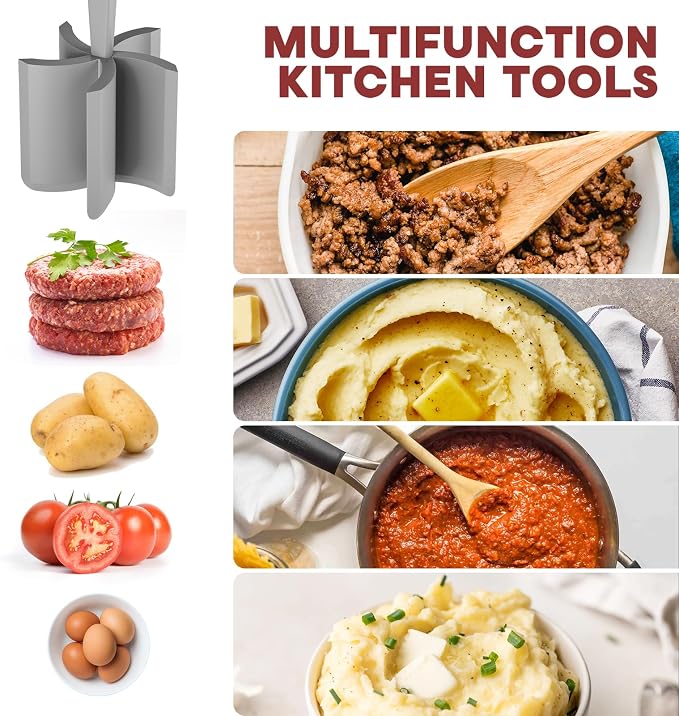 PGYARD Meat Chopper Hamburger Grinder, Kitchen Smasher for Ground Beef | Heat Resistant, 5 Blade, Burger Grinder Nylon Potato Mix Tool, Meat & Poultry Tenderizers, Dishwasher Safe, Grey