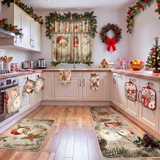 13 Pcs Christmas Kitchen Sets with Santa Snowman Kitchen Towels Christmas Tree Nonslip Mats Curtains Valance Pot Holders Oven Mitts for Xmas Home Decoration Cooking Baking Gift