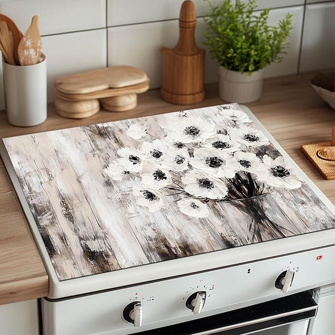 HOMETITUTE White Floral Rustic Stove Top Cover 28x20 Diatomite Mat