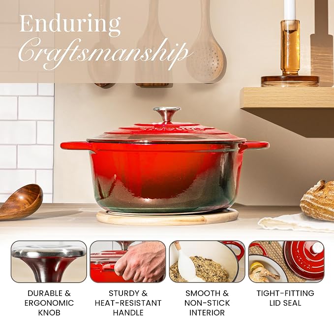 Nuovva Enamelled Cast Iron Dutch Oven Pot with Lid-6.4 Quart Non Stick Casserole Pot-Heavy Duty & Oven Safe up to 500° F for Bread Baking, Braising, Stews, Roasting - 28cm Red