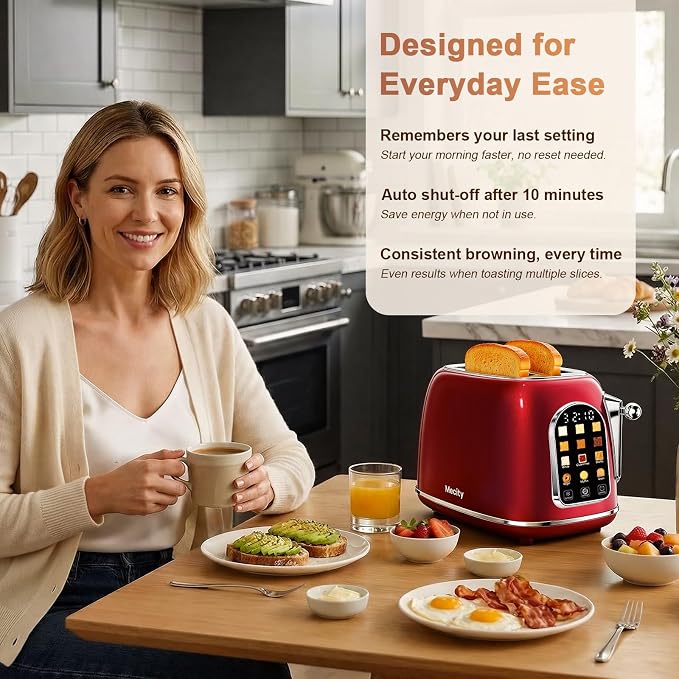 Mecity Toaster 2 Slice, Touch Screen Wide Slot Retro Toaster For Breads Bagel Muffin Waffle, House Warming Gift New Home, 120V 825W, Red Pearl