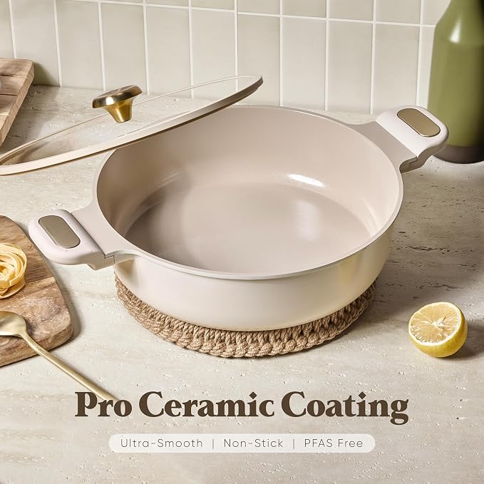 CAROTE 4.5Quart Stock Pot with Lid, Non Toxic Ceramic Soup Pot, Nonstick Cooking Pot, PFAS Free, Dishwasher Safe, Even Heating, Compatible with All Stoves, Light Taupe