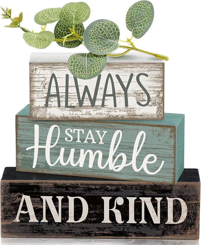 Lineshading 4 Pcs Inspirational Farmhouse Table Decor Wooden Shelves Signs | Always Stay Humble and Kind Quote, Rustic Wooden Blocks, Eucalyptus Accent, Tiered Tray Tabletop Home Decor Gift