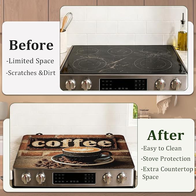 Stove Top Cover Coffee Cup 28.5x20.5Inch for Electric Stove,Heat Resistant Silicone Cooktop Protector,Glass Stove Cover Mat,Anti Scratch Countertop Protector