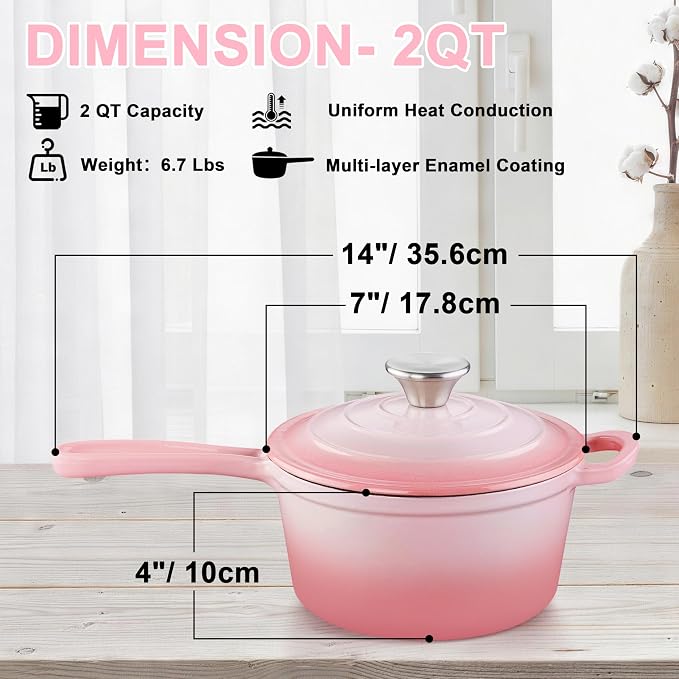 1 Quart Sauce Pan with Lid, Leonyo Small Cooking Pots, Enameled Cast Iron Cookware Set Simmer Pots for Kitchen Induction Boiling Soup, Bread, Ramen - Up to 500°F & Oven Safe, Pink