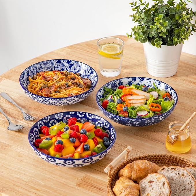 vancasso Selene 8.5" Pasta Bowls Set of 6, 40 oz Porcelain Shallow Salad Bowls, Serving Bowls Large Kitchen Bowl Plates Pasta Plates, Blue & White Floral Design, Microwave Safe