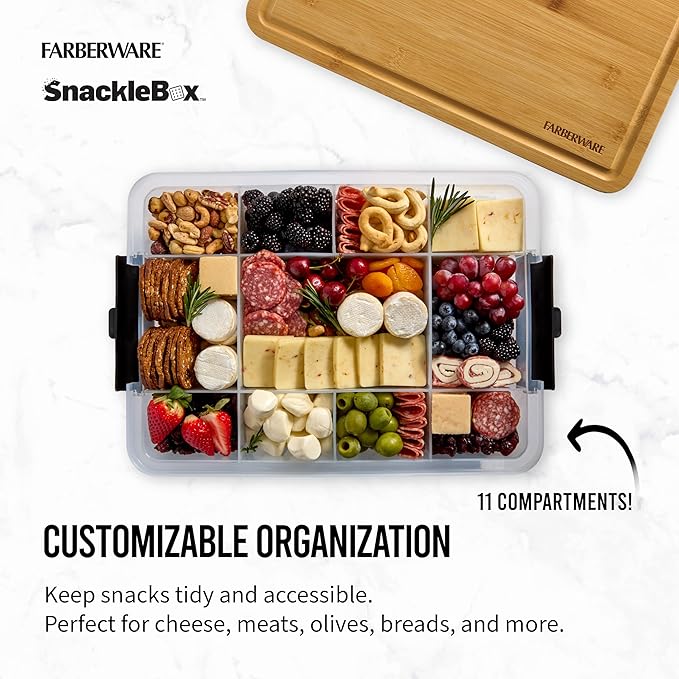 Farberware Snacklebox 11x16 Inch Bamboo Cutting Board Lid with 11-Compartment PP Snack Box, Locking Handles for Travel - Charcuterie Board with Lid for Picnics, Road Trips, and Outdoor Entertaining