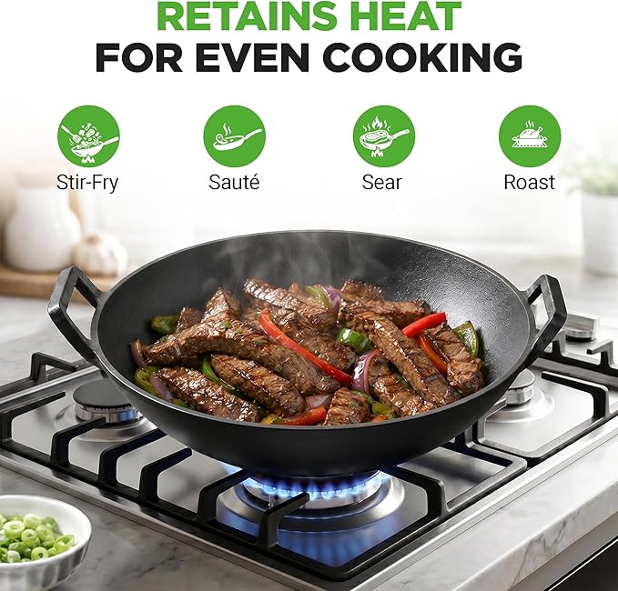 NutriChef 14" Cast Iron Wok with Wooden Lid - Pre-Seasoned Kadai for Stir-Fry with Loop Handles, Compatible with Multiple Cooktops Including Induction, Large 5.8 Qt Capacity