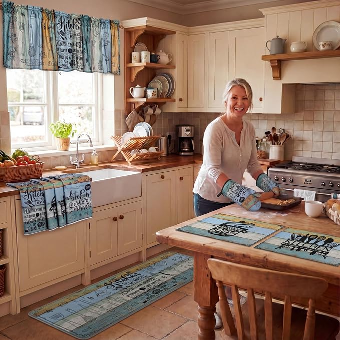 Fourluoo 16 Pcs Farmhouse Kitchen Decor Set 4 Kitchen Towels 4 Placemats 2 Non Slip Rugs and Mats for Floor 2 Spring Oven Mitts Gloves 2 Pot Holders 2 Floral Curtains for Home Decoration Gift