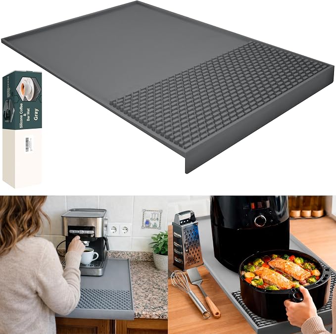 Bar & Coffee Mat For Countertop With "Edge Protection" – Espresso Tamping Mat – Bar Mats for Countertop & Silicone Heat Resistant Mat – Non-Slip & BPA-Free Food Grade – 16"(Front) x 24"(Length), Gray
