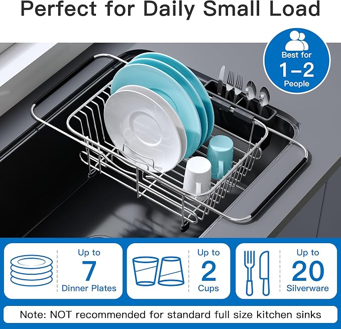 JASIWAY Sink Small Dish Drying Rack with Utensil Holder, for RV, Apartment | Over Sink Expandable Stainless Steel Dish Drainers for Compact Kitchen, Space Saving, Fast Drain, Rustproof, For 1-2 people