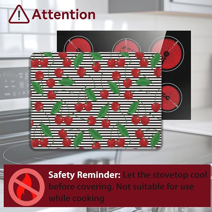 Stove Top Cover for Electric, Glass Ceramic Cherry Stripes Stove Cover, Heat Resistant Flat Stovetop Protector, Dish Drying Mats for Kitchen