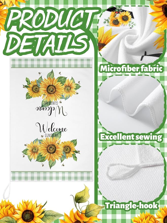 4 Pcs Sunflower Kitchen Towels Sage Green Hand Dish Towels Gifts | Absorbent Sunshine Grid Fast Drying Tea Clothes Floral Decor Housewarming Gift for Cooking Bathroom Kitchen Decor