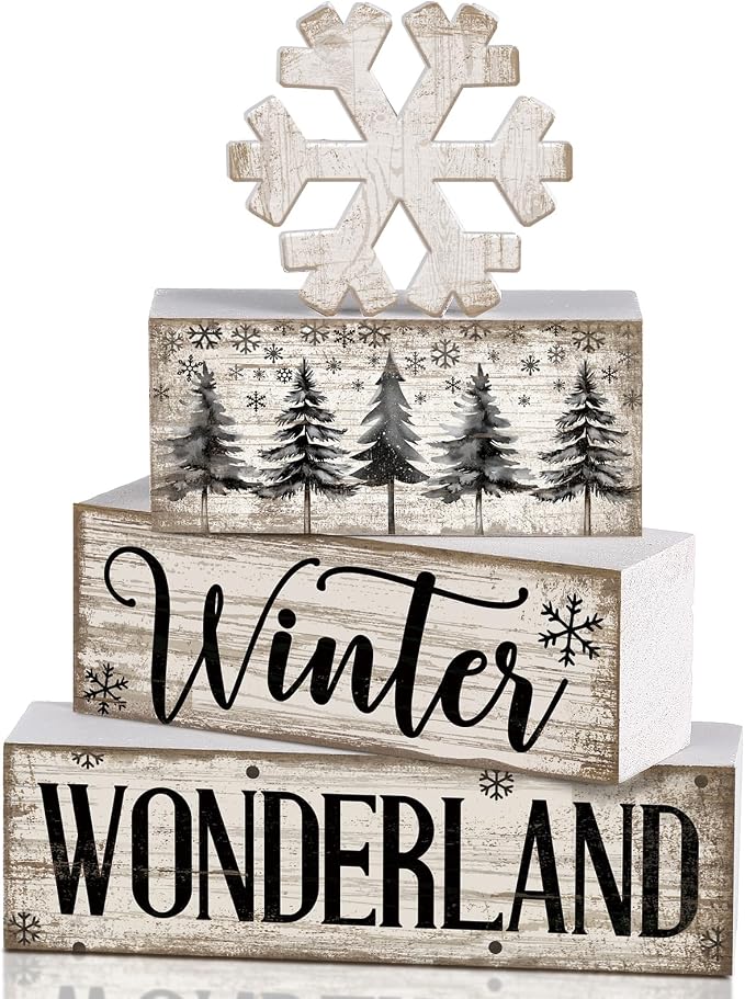 Lineshading 4 Pcs Winter Block Signs Wooden Farmhouse Tiered Tray Decor | Snowflake Design Stackable Blocks, Tabletop Shelf Mantel Display, Rustic Distressed White Finish, Farmhouse Holiday Decor