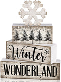 Lineshading 4 Pcs Winter Block Signs Wooden Farmhouse Tiered Tray Decor | Snowflake Design Stackable Blocks, Tabletop Shelf Mantel Display, Rustic Distressed White Finish, Farmhouse Holiday Decor