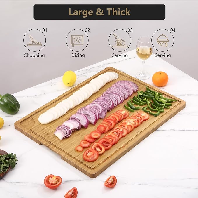 24x18 Inch Bamboo Cutting Boards for Kitchen, Extra Large Wood Chopping Board with Juice Groove and Handle, Revisible Butcher Block Charcuterie Serving Tray