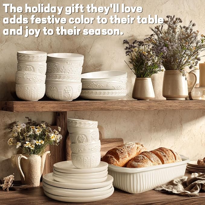 Pasta Bowls, 50oz Large Salad Serving Bowls, 9.75'' Plates Bowls Set of 4, Big White Ceramic Soup Bowls for Kitchen, Embossment Shallow Dinner Bowl, Microwave Dishwasher Safe, Multiple Patterns