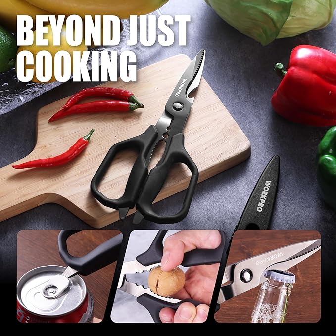 WORKPRO Kitchen Scissors, All Purpose Kitchen Shears Titanium Coated | Detachable Stainless Steel Blades, for Easy Cleaning, Heavy Duty for Meat, Fish, Nuts, Vegetables, Protective Cover Included