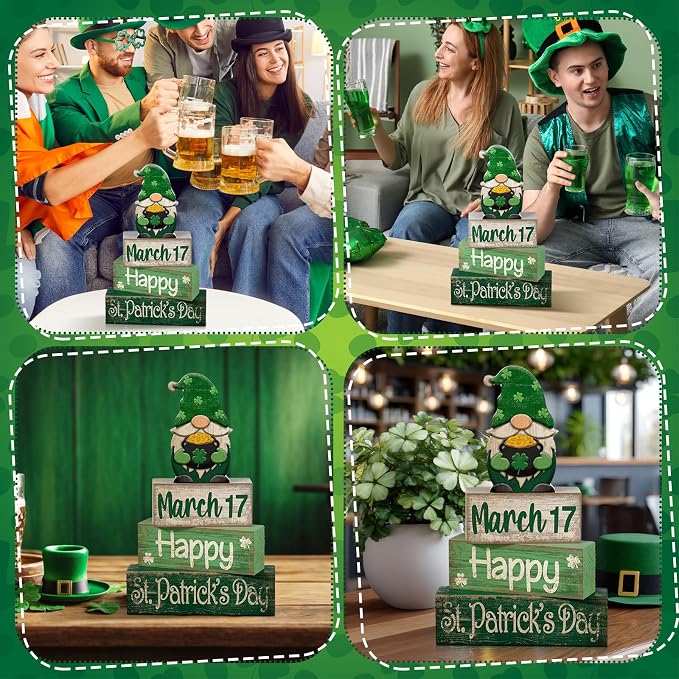 Lineshading 4 Pcs St Patricks Day Tiered Tray Decor Wooden Gnome Blocks | Rustic Farmhouse Table Decor with March 17 Date Block, Stacked Signs, Shamrock Gnome Topper for Mantle or Shelf Displays