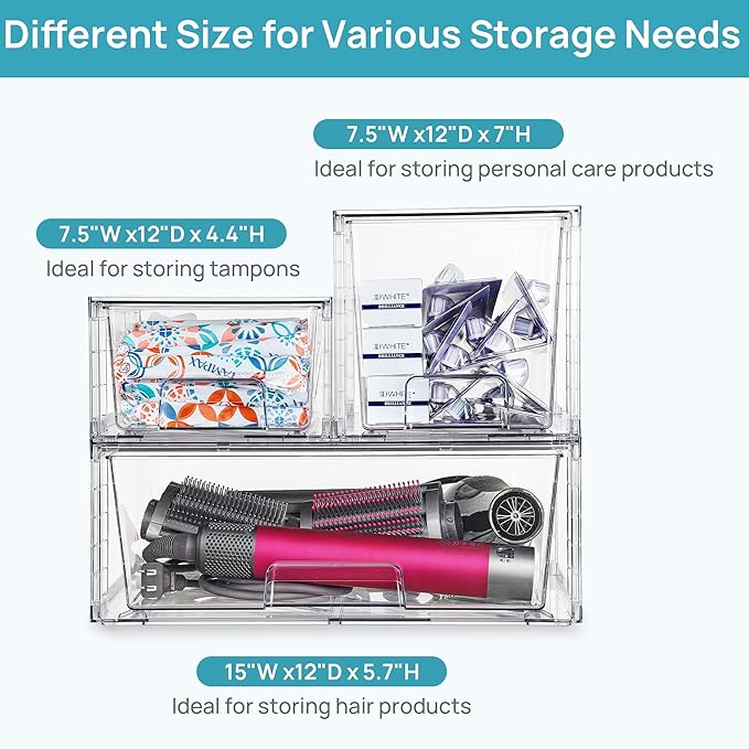 Vtopmart Clear Stackable Storage Drawers, 5 Pack Multi-Size Organizer Set | Wide, Medium and Small Pull-Out PET Drawers with Stackable Design for Cabinets, Closets, Pantry and Bathroom Organization