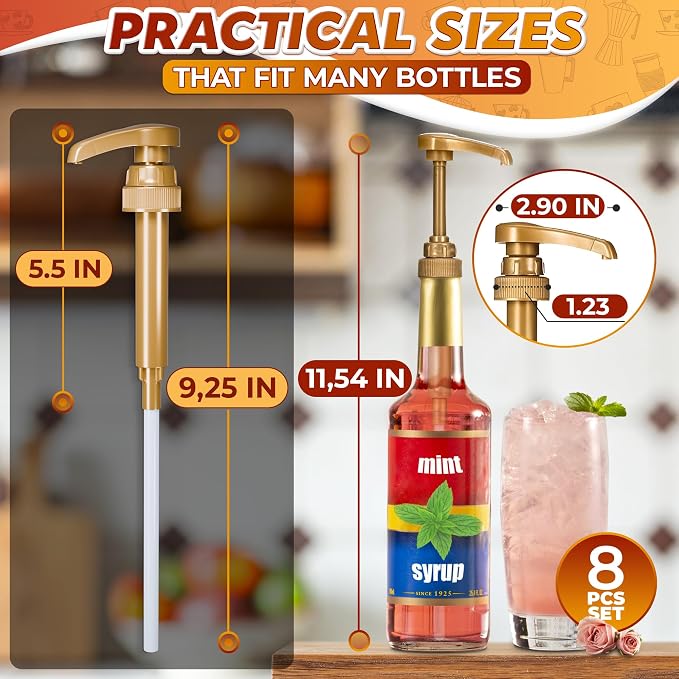 8 Pcs Pumps for Syrup Bottles, Fits 25.4 oz, Lockable (Gold) | Syrup Pumps for Coffee Bar; 9.25" Closed/11.54" Open; Adjustable Tube; Works with Liquids and Pastes; Easy to Use and Clean