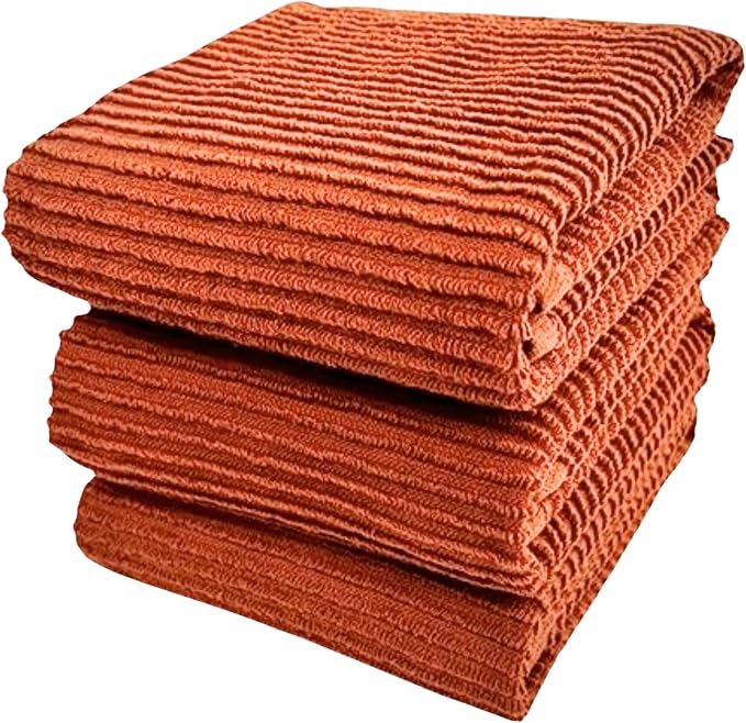 Burnt Orange Rust Kitchen Hand Dish Towels, Set of 3, 100% Cotton, 18x28 | Terry Loop Ribbed Textured, Soft & Absorbent Cleaning Cloth, Quick Dry, Multipurpose for Everyday Use