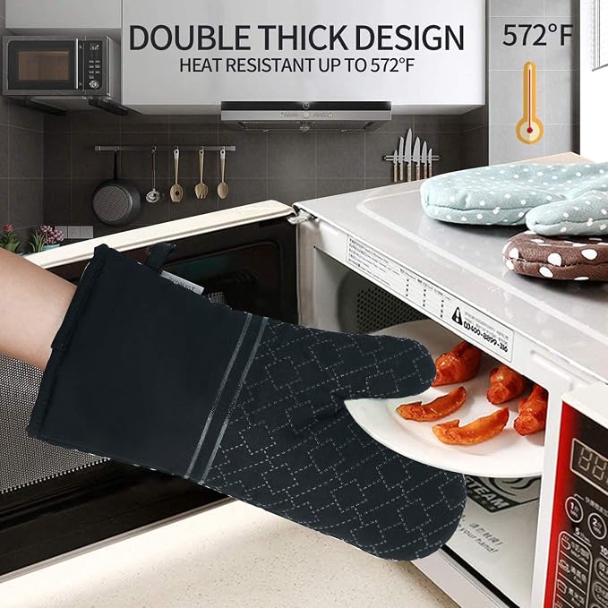 4Pcs Oven Mitts and Pot Holders Set, 572F Heat Resistant Oven Glove, Soft Cotton Lining with Non-Slip Surface for Kitchen Baking BBQ (Black)