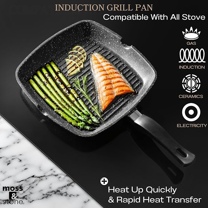 Moss & Stone Grill Pan for Indoor Cooking, 11" Nonstick Square Grill Pan | Aluminum Versatile Induction Griddle Pan for Gas, Electric & Ceramic Stovetops, Skillet with Pour Spouts
