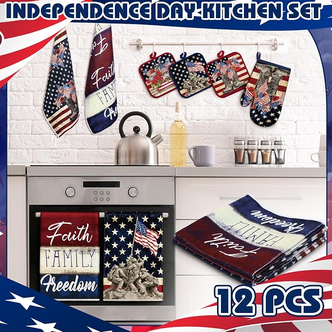 SiliFine 12 Pcs 4th of July Kitchen Decorations Set Patriotic Kitchen Towels Oven Mitts Pot Holders American Flag Themed Cooking Baking Home Accessories for Independence Day Memorial Day