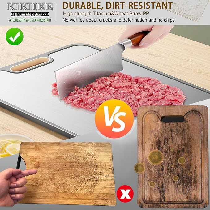 Titanium Cutting Board Double Sided Pure Titanium Cutting Boards for Kitchen, Pure titanium & Wheat Straw PP Food Grade metal cutting board, Non-slip durable and easy to clean (Large)