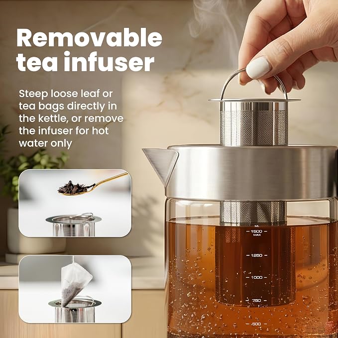 Viante Alba Electric Tea Kettle With Infuser, No Plastic, 1.5L | Borosilicate glass & 304 stainless steel construction. 4 temp presets, keep-warm, cordless, auto shut-off