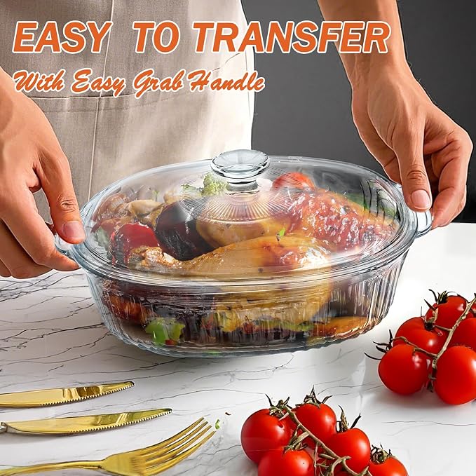 Reasim 2.8L/3Qt Glass Casserole Baking Dish with Lid, Large Oval Glass Casserole Dish with Lid,Mixing Bowl Food Container,Oven,Freezer&Microwave Safe,Clear Container