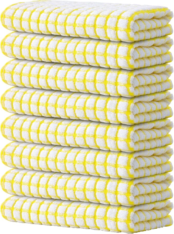 Kitinjoy Cotton 8 Pack Terry Kitchen Towels, Yellow | 16 x 25 Inches Super Soft and Absorbent Dish Towels, Quick Drying hand towels for kitchen Drying