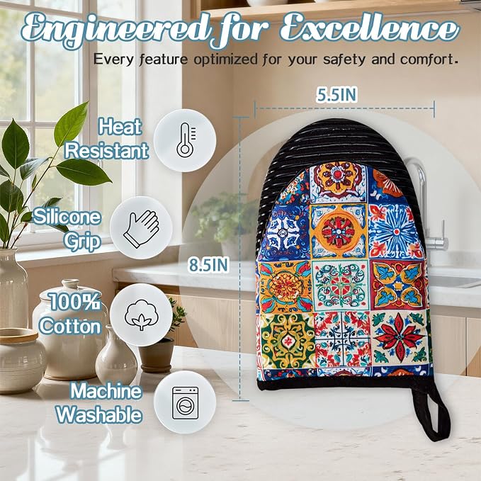 Ribbed Mini Oven Mitts 2-Pack Set, 5.5"x8.5", Boho Printed, Heavy Duty Cotton, Non-Slip Heat Resistant Soft Silicone Oven Mitts with Hanging Loop for Cooking Kitchen Decor