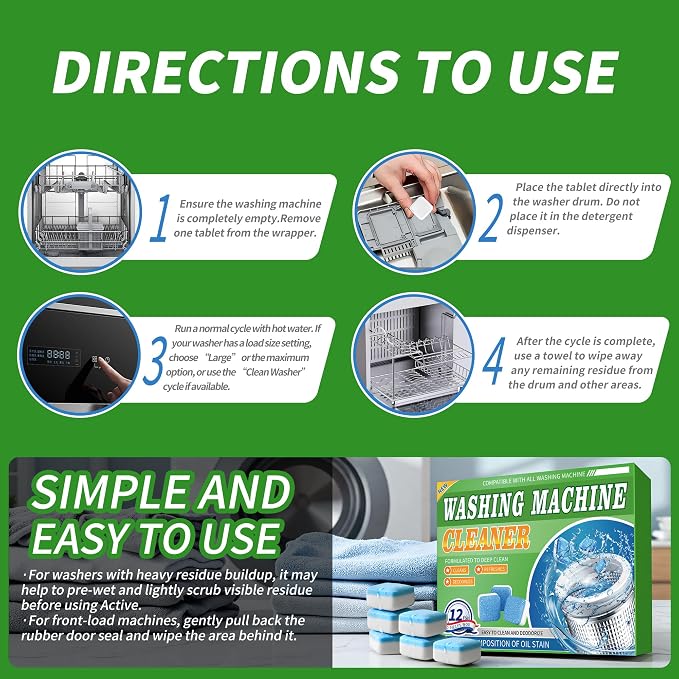 Washing Machine Cleaner Tablets 12 Pack - Deep Cleaning Tablets | for HE Front & Top Load Washers, Septic Safe, Eco-Friendly, Removes Residue & Odors