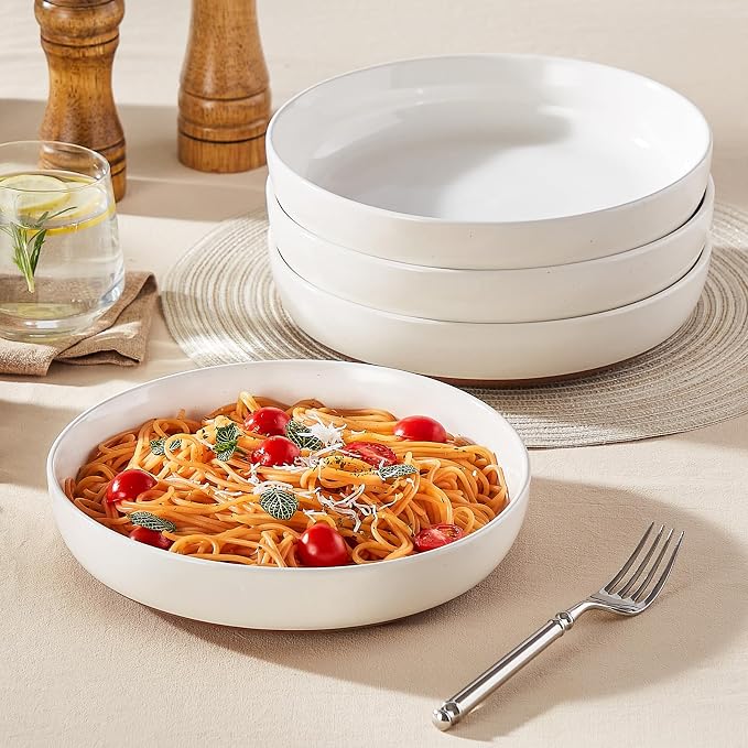 MALACASA 48 Oz Pasta Bowls Set of 4, Ceramic Soup Bowls, TARA Khaki White | Microwave and Dishwasher Safe, Chip-Resistant, For Salad, Soup, Fruit, and Dessert, 9 Inch Wide, Stackable, Modern Design
