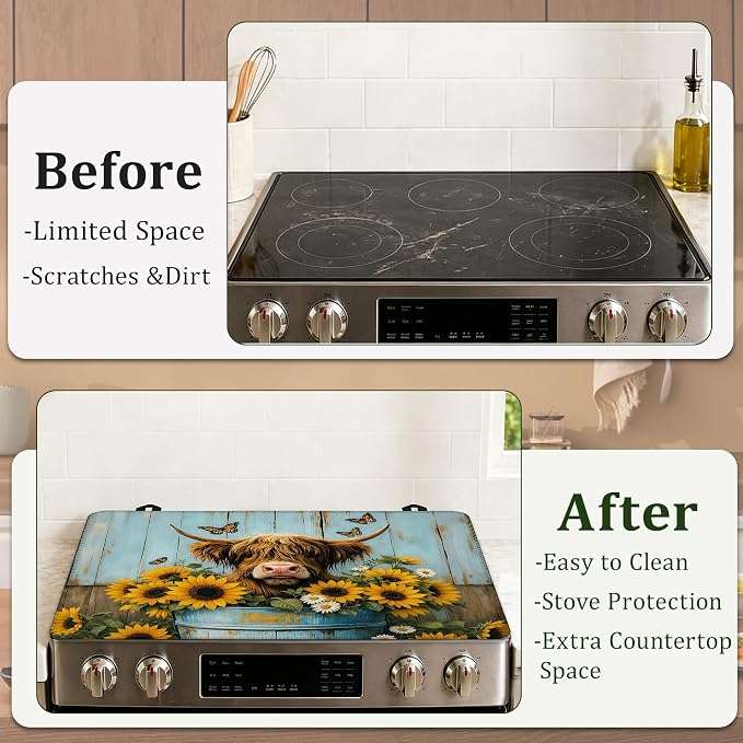 Highland Cow Stove Top Cover for Electric Stove 28.5"x 20.5",Cow Sunflower Wood Heat Resistant Glass Top Stove Cover Protector, Glass Cooktop Covers, Kitchen Flat Electric Stove Top Covers