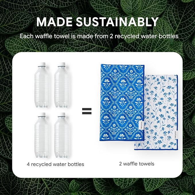 RECYCO Waffle Kitchen Towel Set of 2 - Quick Dry Microfiber Sustainable Dish Towels - Ultra Absorbent Reusable Cleaning Tea Towels - Lightweight Hand Towels,16”x 28”, Coastal Bliss