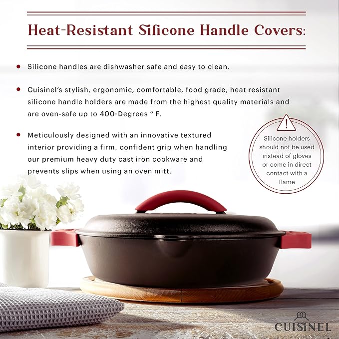 Cast Iron Skillet with Cast Iron Lid - 12"-Inch Dual Handle Frying Pan + Pan Scraper + Silicone Handle Holder Covers - Pre-Seasoned Oven Cookware - Use Indoor/Outdoor, Grill, Stovetop, Induction