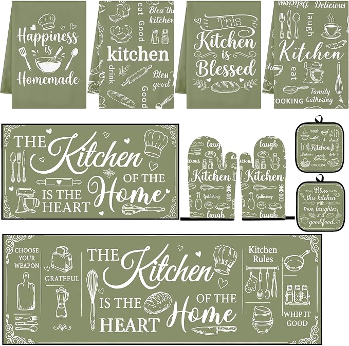 10 Pcs Kitchen Decor and Accessories Set, Farmhouse Sage | Green Baking Happiness 4 Dish Towels Kitchen Rugs 2 Oven Mitts 2 Pot Holders, Home Decor for Cooking Baking BBQ Housewarming