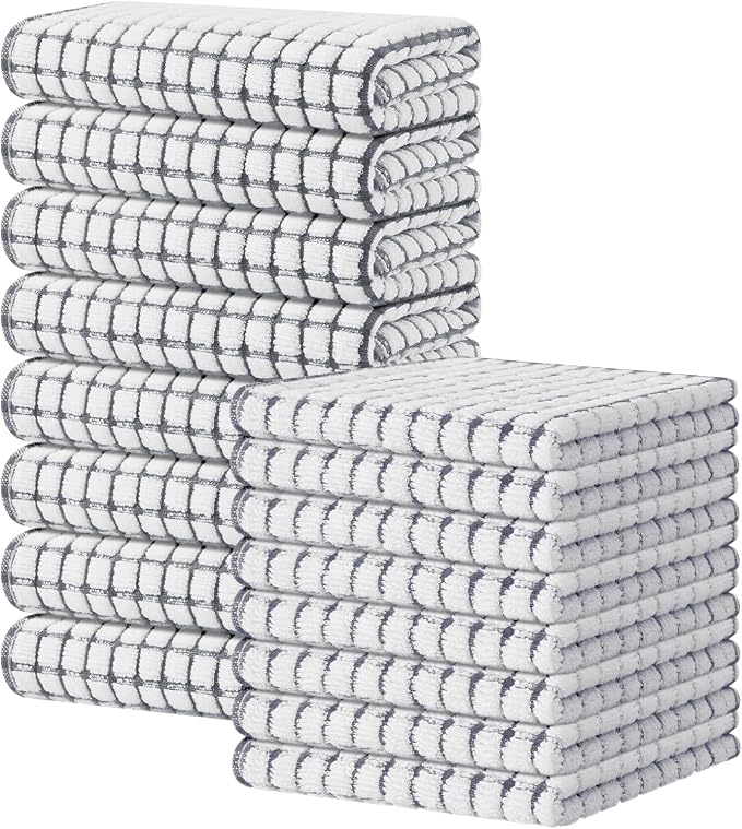Kitinjoy Cotton 16 Pack Kitchen Towels and Dishcloths Sets, Grey | 16 x 25 Inch & 12 X 12 Inch Dish Towels Bulk, Super Soft and Absorbent hand towels for kitchen Drying