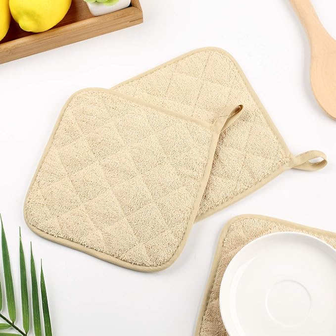 Pot Holders for Kitchen, 100% Cotton Terry Pot Holder Set of 5, Heat Resistant Hot Pads for Cooking, Baking, Hot Dishes and Countertop Protection,Light Brown