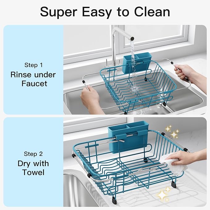 JASIWAY Blue Dish Drying Rack in Sink with Utensil Holder, RV, Apartment | Over Sink Expandable Stainless Steel Dish Drainers for Compact Kitchen, Space Saving, Fast Drain, Rustproof, For 1-2 people