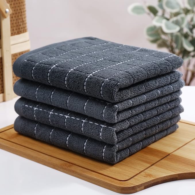 Homaxy 100% Cotton Terry Kitchen Towels, 4 Pack, Dark Grey | Ultra Soft and Absorbent Dish Towels for Kitchen, Suitable for Drying and Washing Dishes