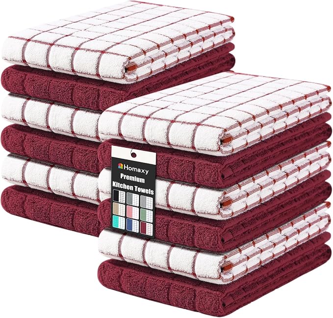 Homaxy Large Premium Cotton Kitchen Towels 16"x 28", 12 Pack, Red | Natural Ring Spun 390 GSM Dish Towels, Super Absorbent Terry Kitchen Hand Towels, Soft Tea Towels with Hanging Loop
