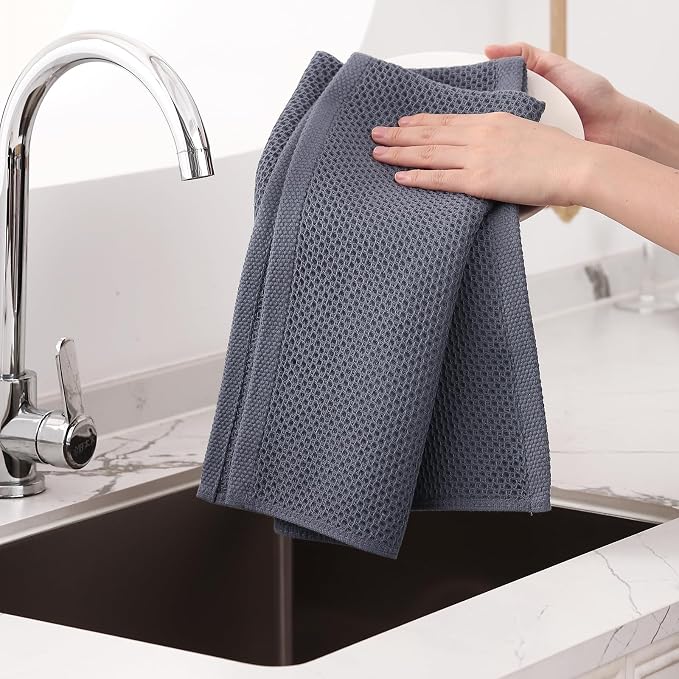 Homaxy 100% Cotton Oversized Waffle Weave Kitchen Towels 8-Pack, Dark Grey | 20 x 28 Inches, Ultra Soft Absorbent Dish Towels, Quick Drying Large Cleaning Towels