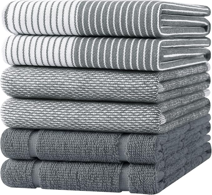 Homaxy 6 Pack Cotton Terry Premium Kitchen Towels, 18 x 28 in, Grey | Large 380 GSM Dish Towels, Highly Absorben Flat & Terry Kitchen Hand Towels, Soft Utility Tea Towel Set with Hanging Loop