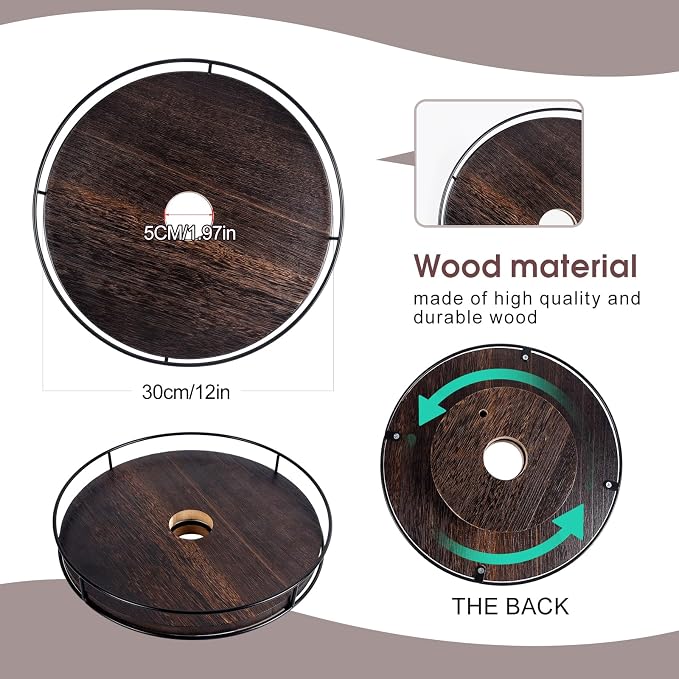 12" Lazy Susan with Umbrella Hole for Outdoor Patio Table - 360° Rotation Iron Turntable Organizer for Beach Umbrellas Patio Garden Swimming Pool (Brown)